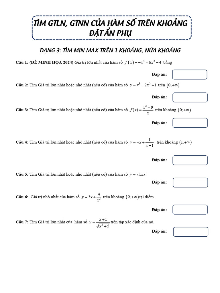 Tìm GTLN, GTNN của trên khoảng - đặt ẩn phụ | PDF