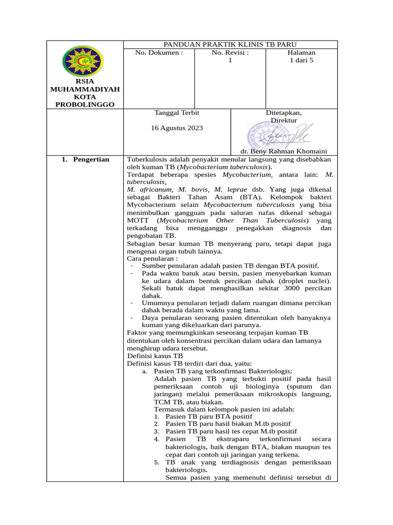 Panduan Praktik Klinis TB Paru RSIA Muhammadiyah | PDF