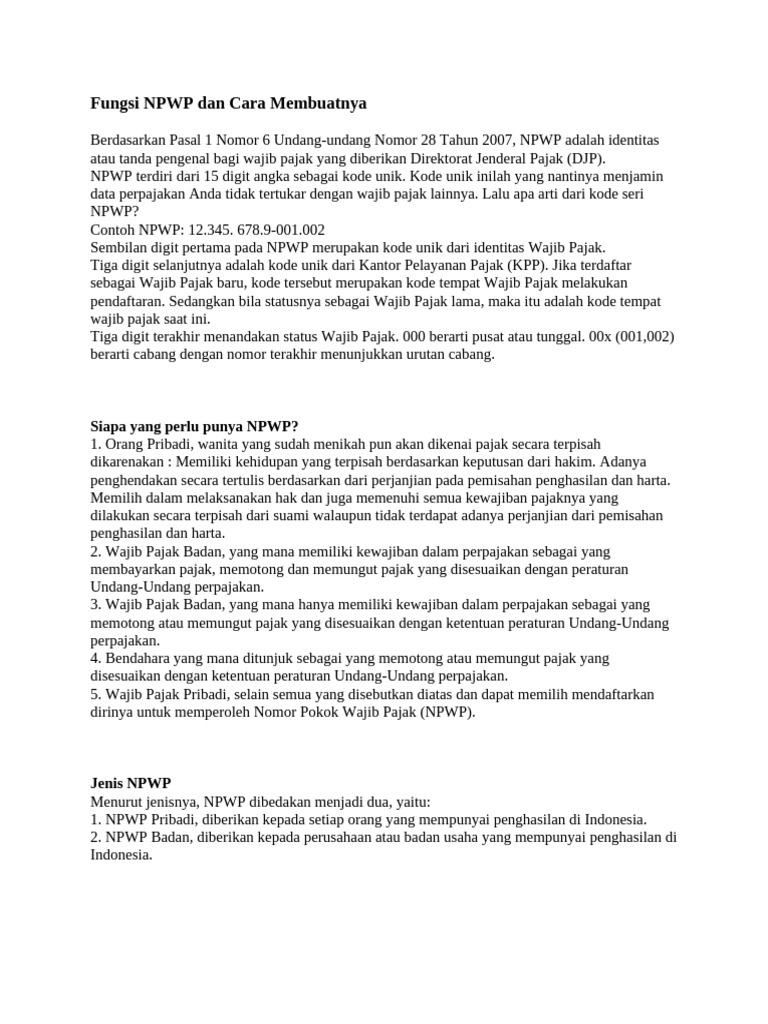 Fungsi dan Manfaat NPWP Pribadi | PDF