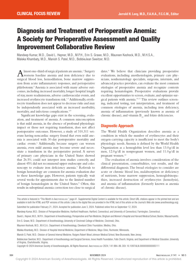 Diagnosis and Treatment of Perioperative Anemia | PDF | Anemia | Iron