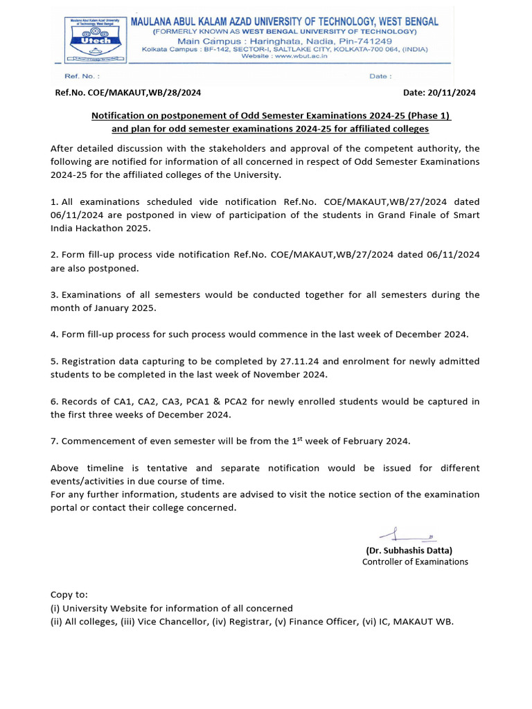 Notice On Postponement and Plan For Odd Semester Examinations 2024-25 ...