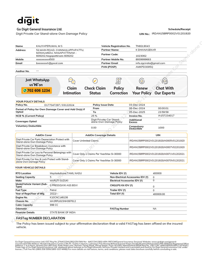 Digit Private Car Damage Policy Details | PDF | Insurance | Liability ...