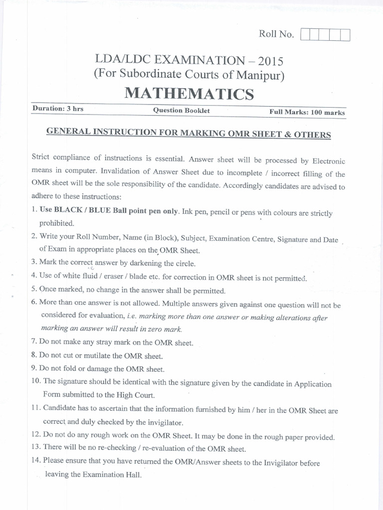 Manipur Subordinate Courts Math Exam Instructions | PDF