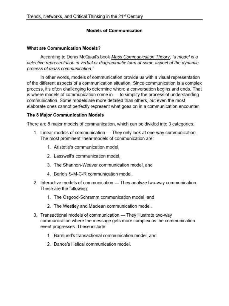 Communication Models Explained | PDF | Communication | Psychological ...