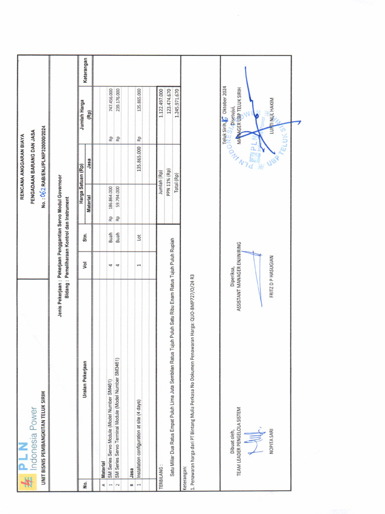 RAB Pekerjaan Penggantian Servo Modul Governoor | PDF