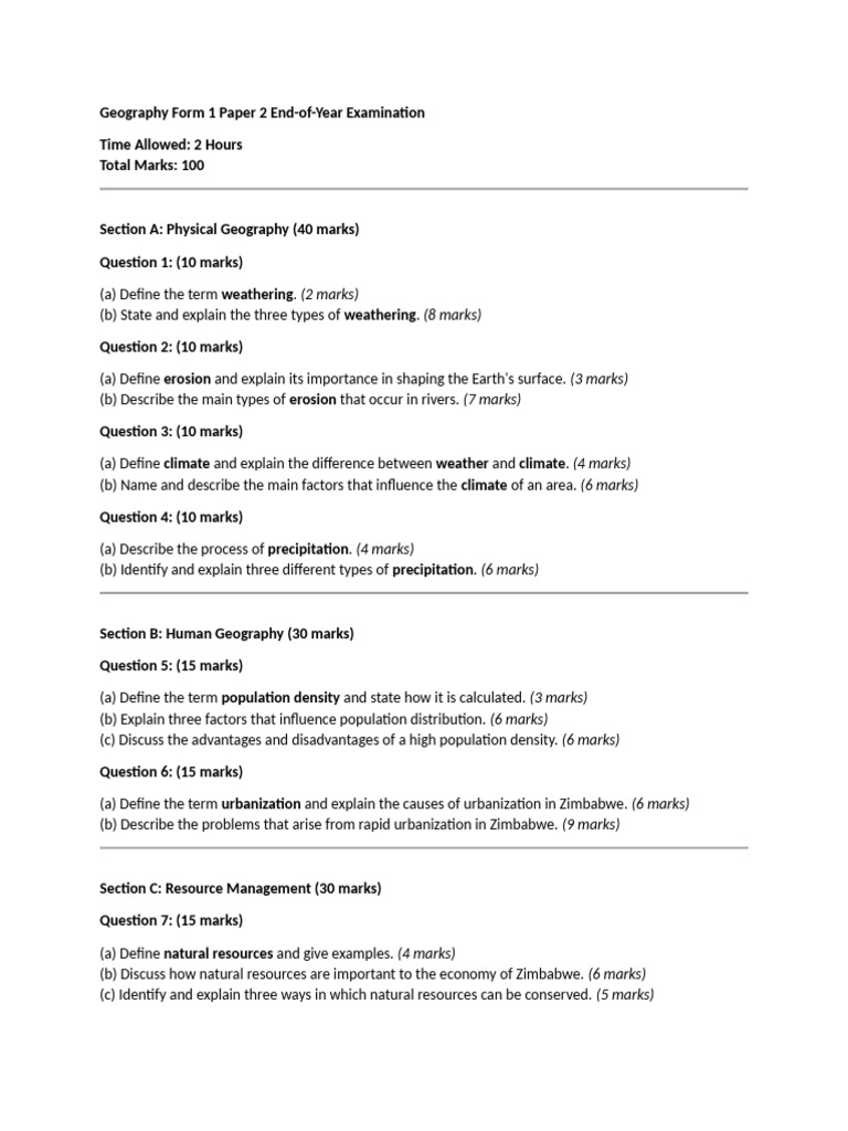 Geography Form 1 Paper 2 End | PDF