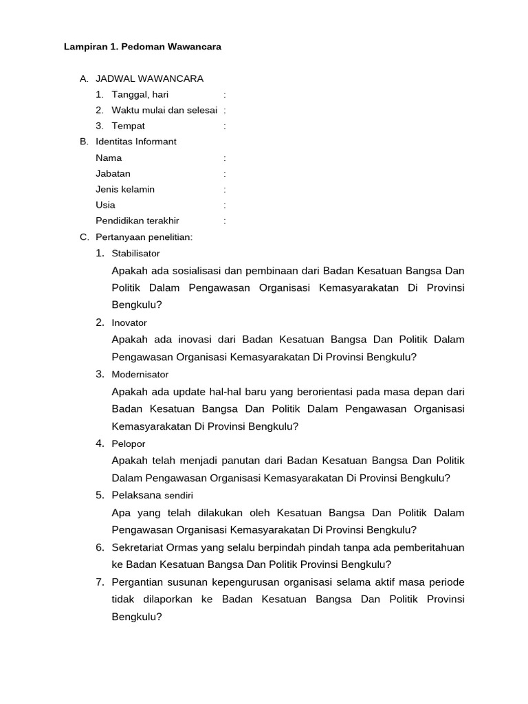 Pedoman Wawancara Ormas Bengkulu | PDF