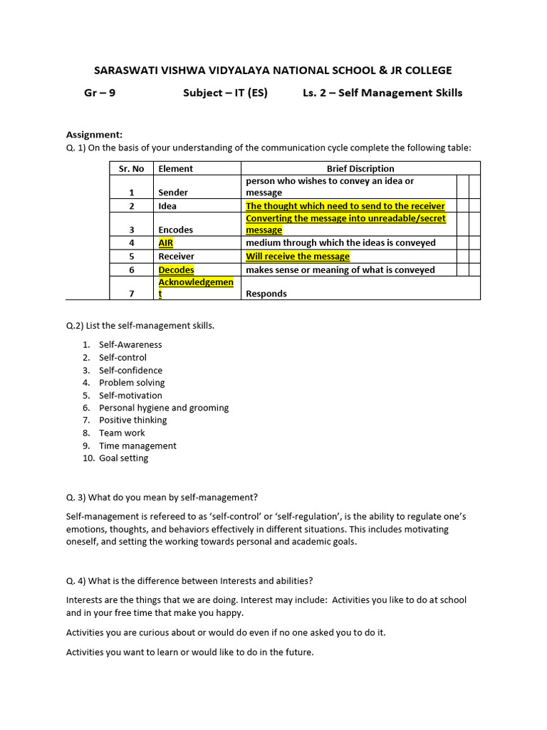 Edit ES L. 2 SelfManagamentSkills Assignment | PDF | Thought | Self ...