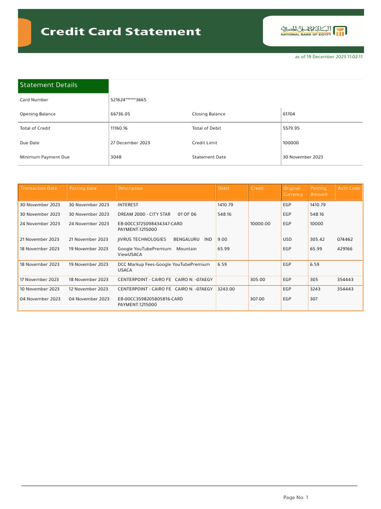Statement Details: Transaction Date Posting Date Description Debit ...