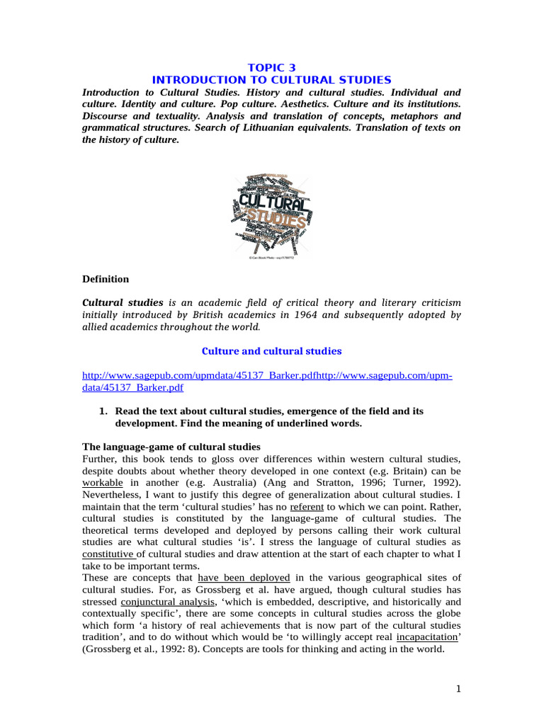 Introduction to Cultural Studies Overview | PDF | Cultural Studies ...