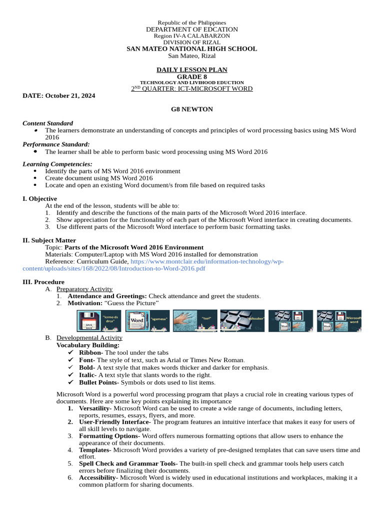 Grade 8 Microsoft Word Lesson Plan | PDF | Microsoft Word | Window ...