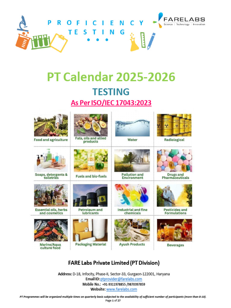 PT Testing Calendar 2025 FARE Labs PDF Milk Fat