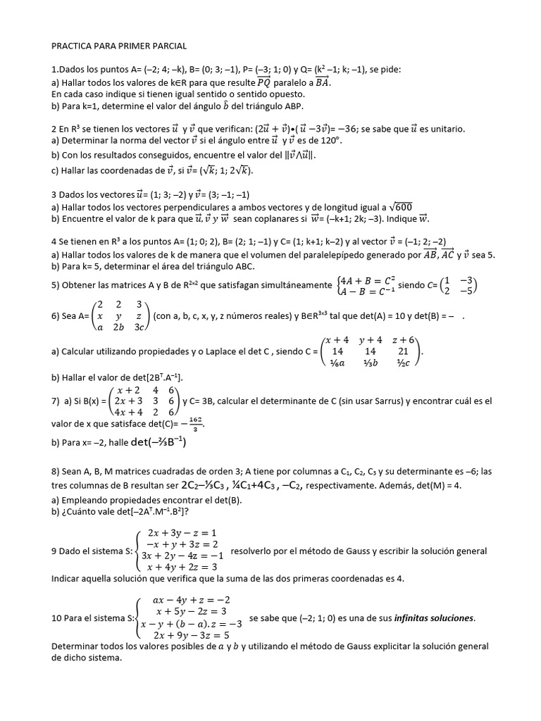 PRACTICA PARA PRIMER PARCIAL Con Respuestas | PDF | Determinante ...