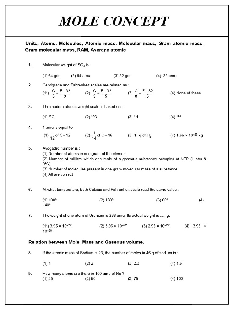 Chemistry Quiz: Mole Concept & Calculations | PDF | Concentration ...