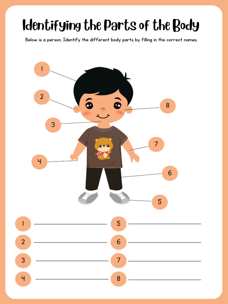 Parts of The Body Printable Worksheet in White Brown Orange Cartoon ...