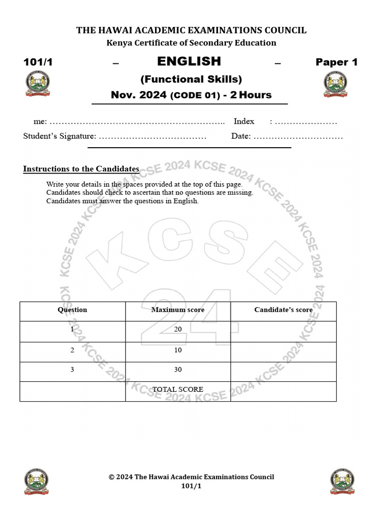 KCSE English Paper 1 Exam Guide | PDF | Political Corruption