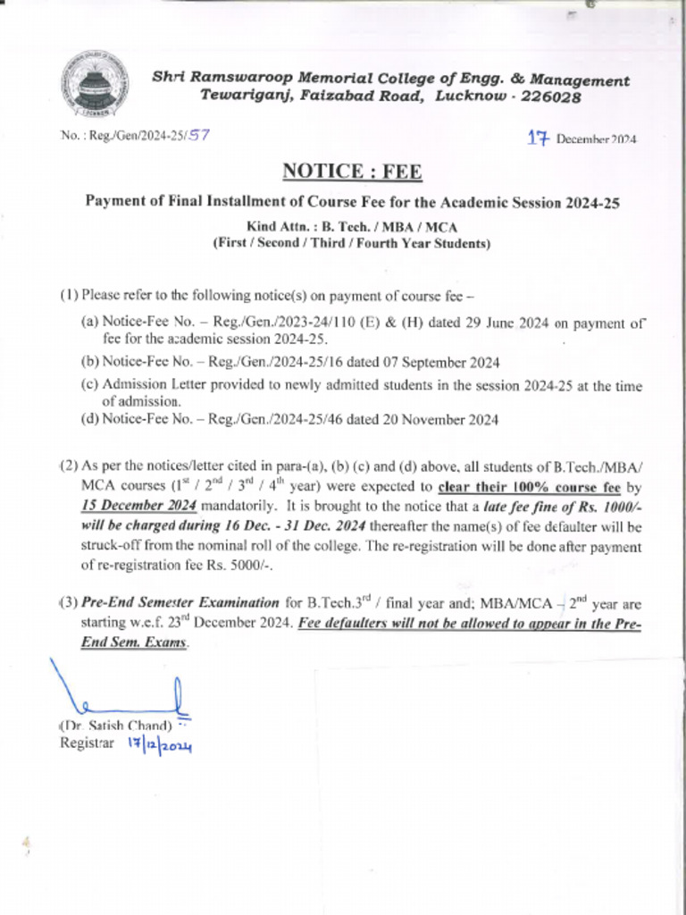 Notice - Payment of Final Installment of Course Fee For The Academic ...