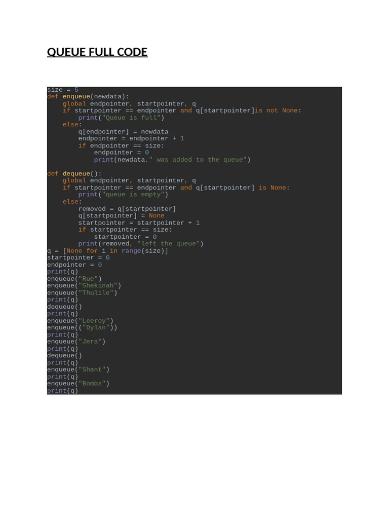 QUEUE full code | PDF image.