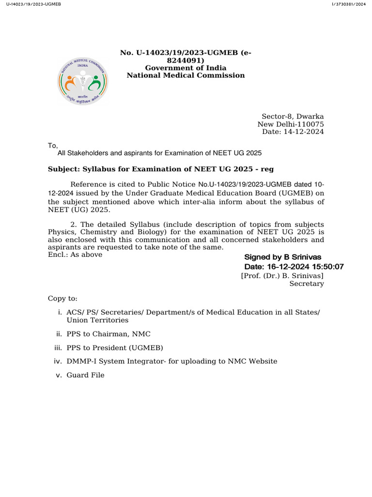 SYLLABUS FOR NEET UG 2025 EXAMINATION REG intelligence overview