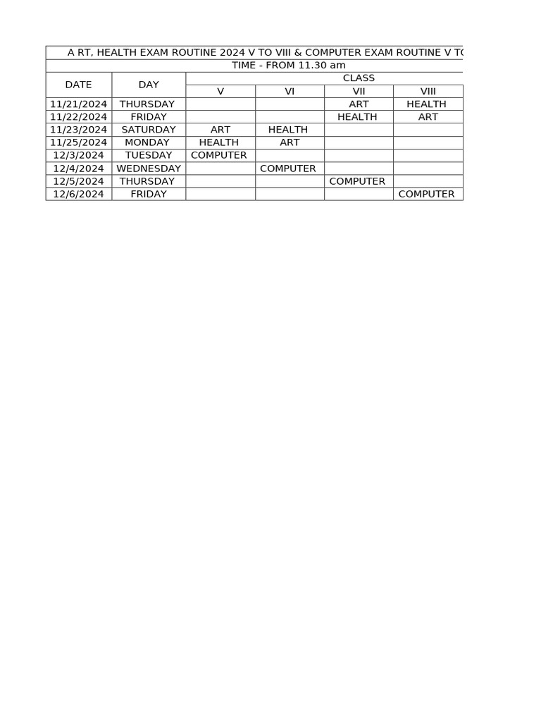 Art, Health & Computer Exam Routine 2024-1 | PDF