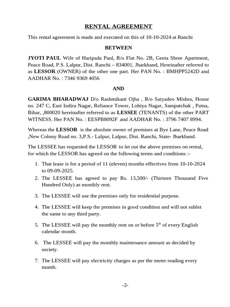 Rental Agreement Peace Road House (Draft) - 1 | PDF | Lease | Housing
