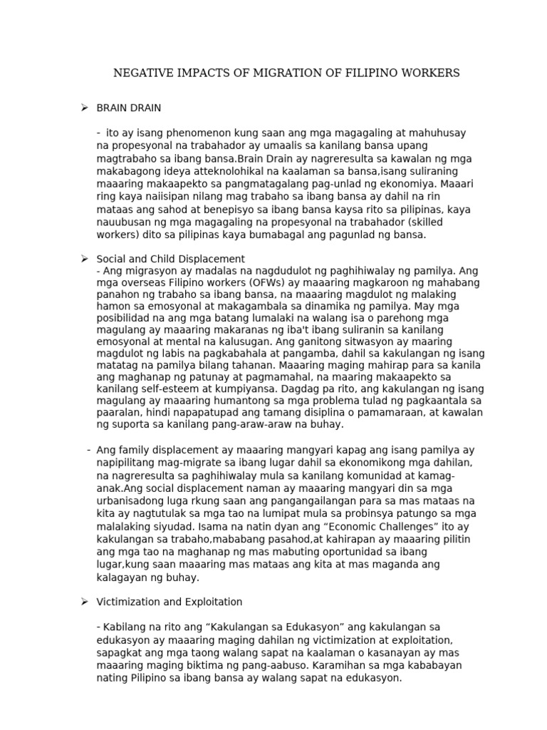 Negative Impacts of Migration Fo Filipino Workers | PDF