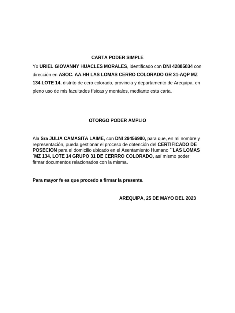 Carta Poder para Certificado de Posesión | PDF