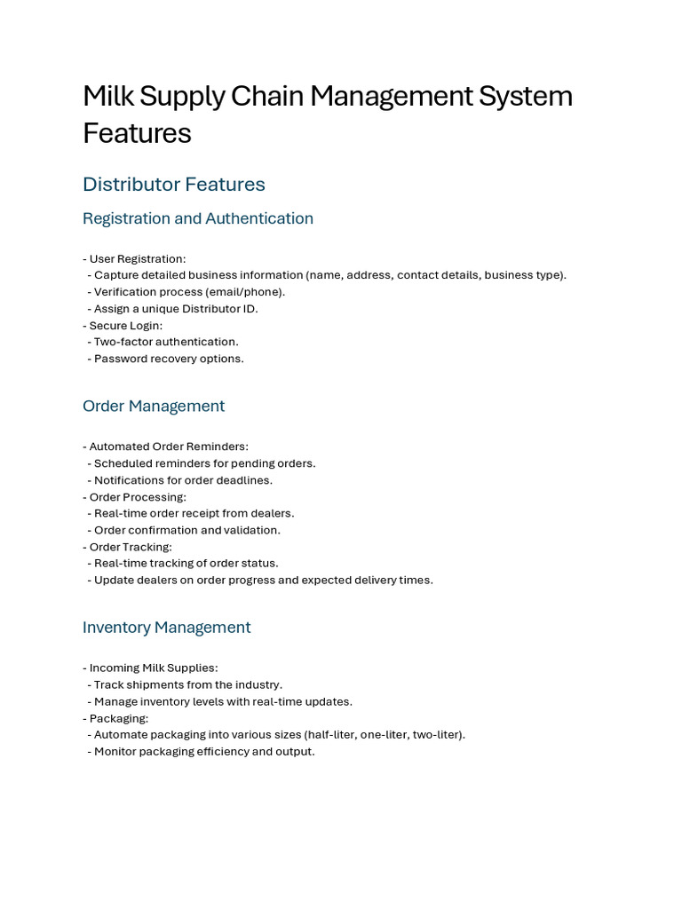 Milk Supply Chain Management System Features | PDF | Logistics | Inventory
