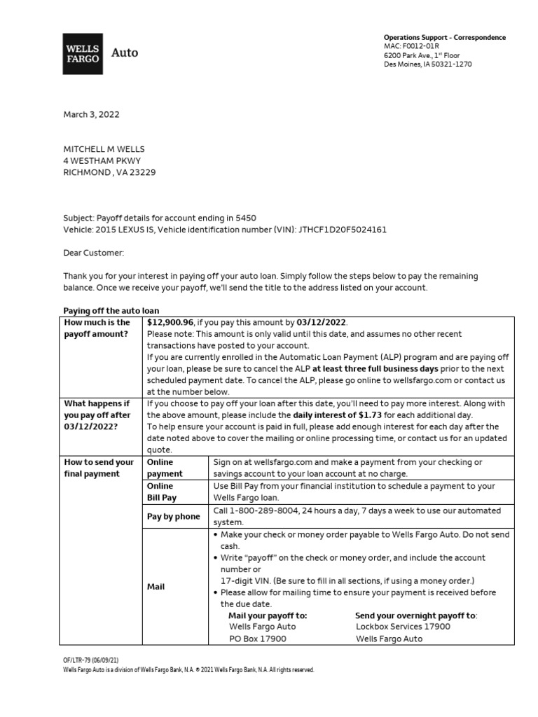 2015 Lexus Payoff | PDF | Interest | Wells Fargo