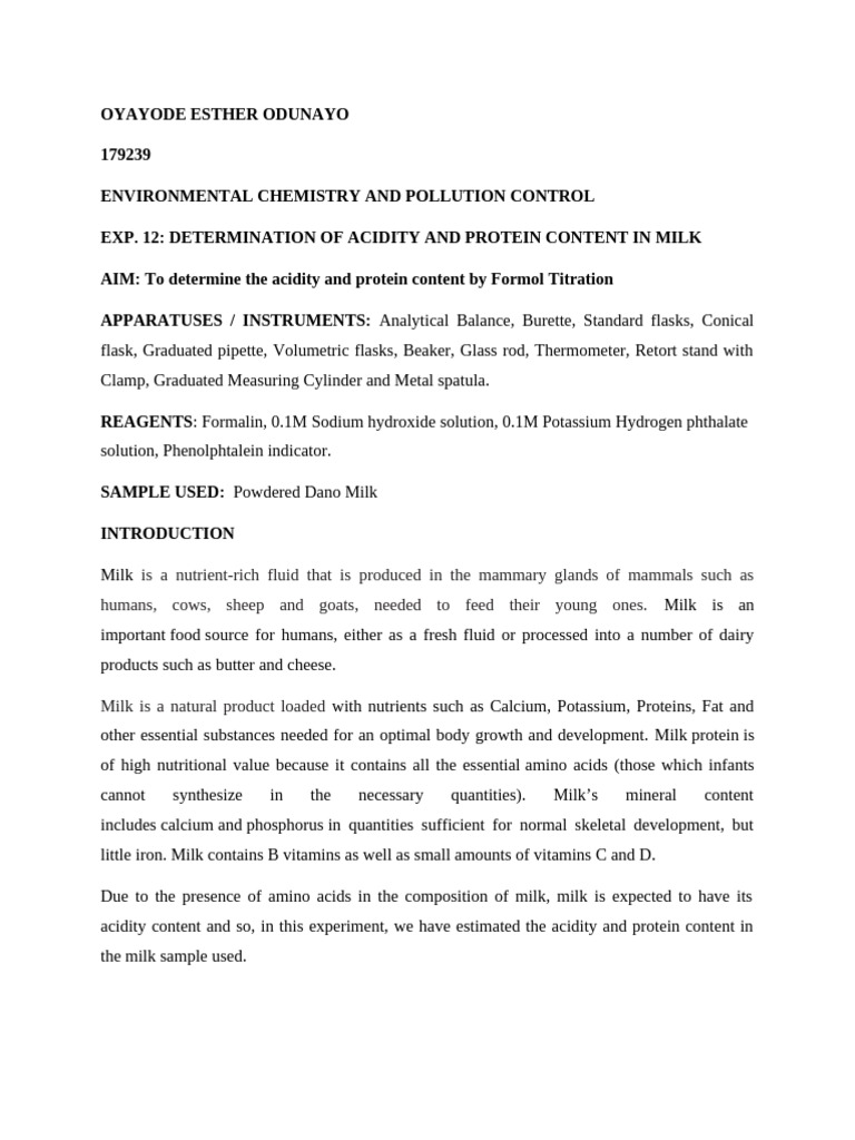 Milk Acidity and Protein Analysis | PDF | Titration | Chemistry