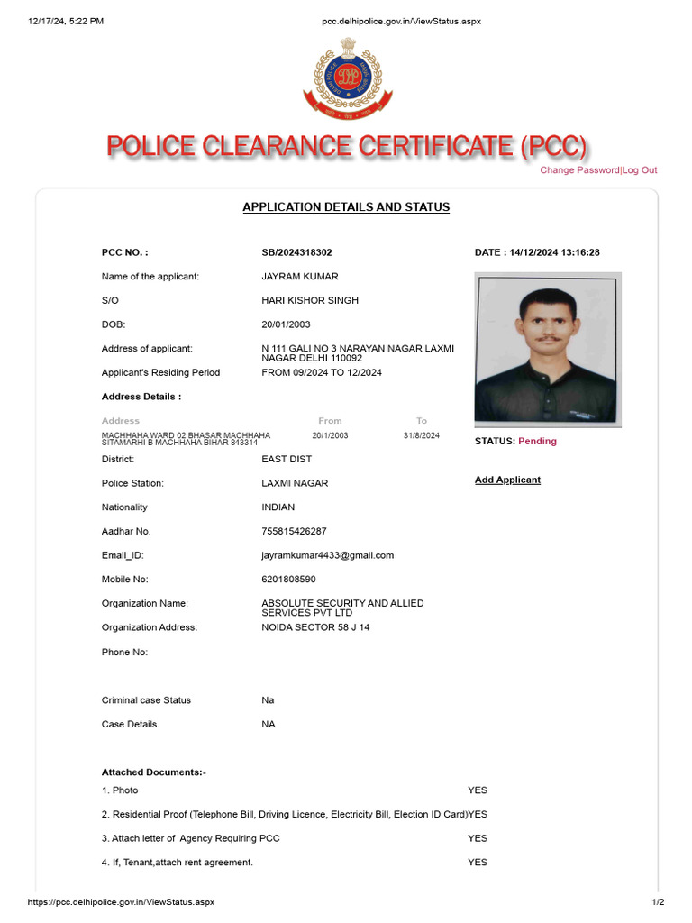 Delhi Police PCC Application Status | PDF | Applications Of ...