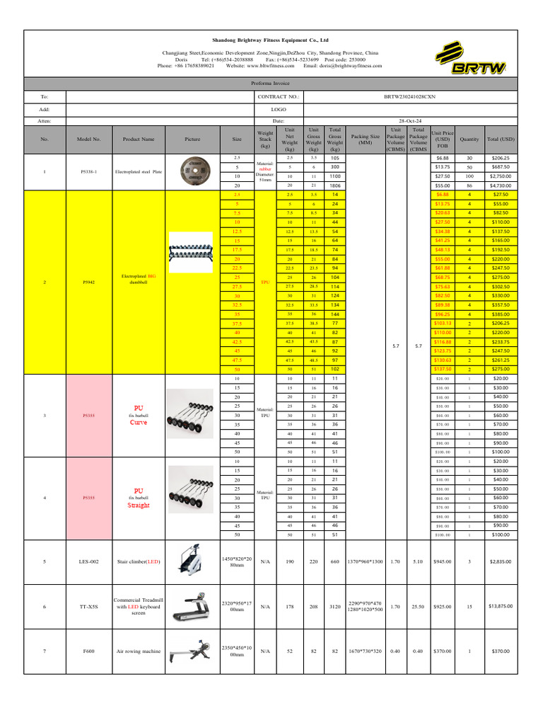 Fitness Equipment Proforma Invoice | PDF | Weight Training