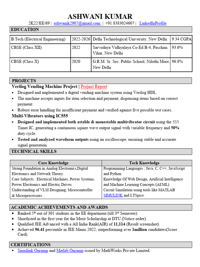 Electrical Engineering Student Profile | PDF