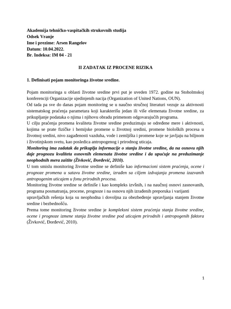Procena Rizika Odgovori II KOLOKVIJUMmm | PDF