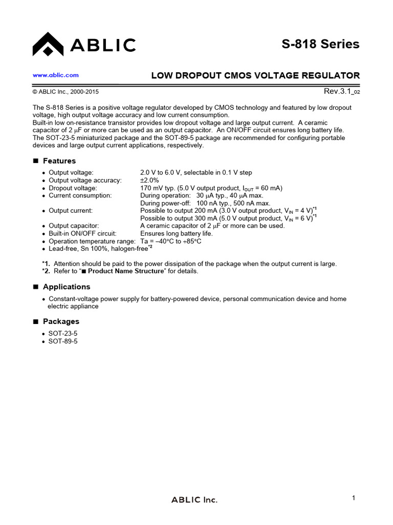 S-818 Series: Low Dropout Cmos Voltage Regulator | PDF | Capacitor | Cmos