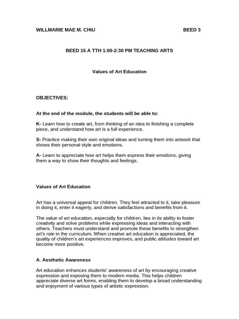 Values Art Education Handouts | PDF | Experience | Creativity