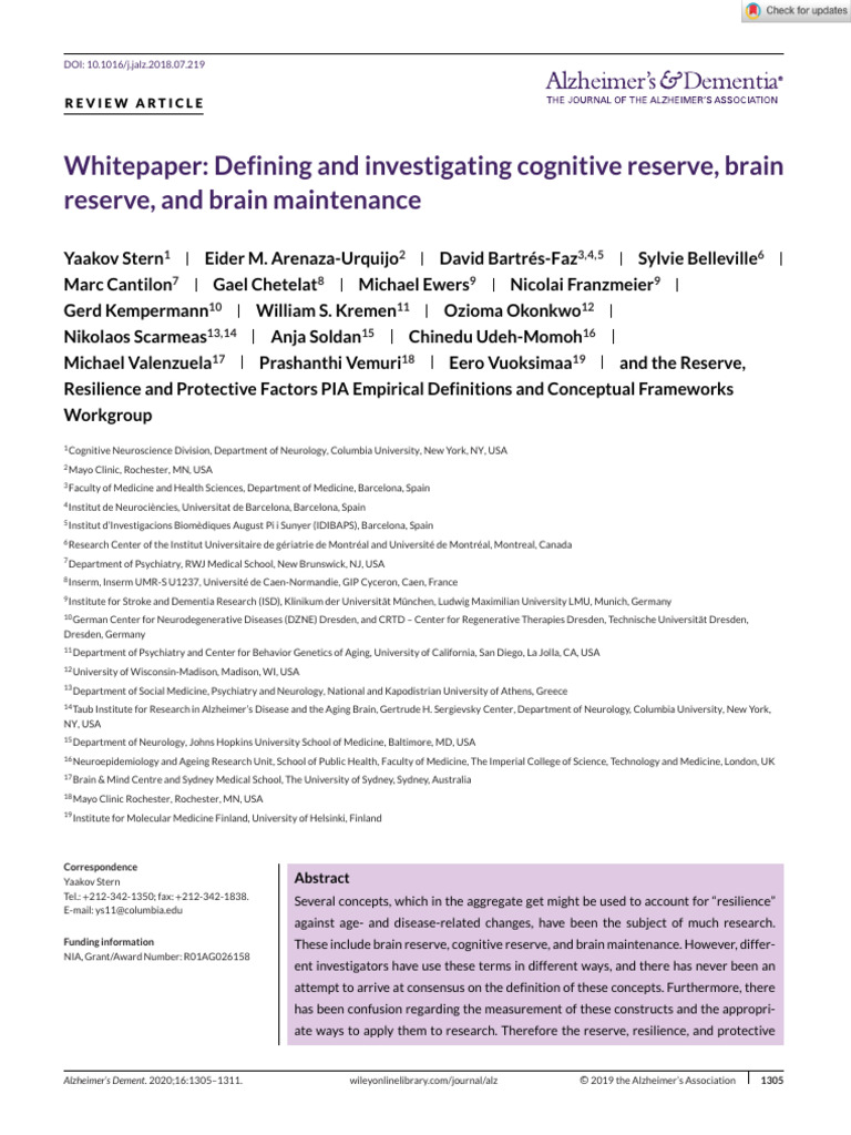 Defining and Investigating Cognitive Reserve Brain Reserve and Brain ...
