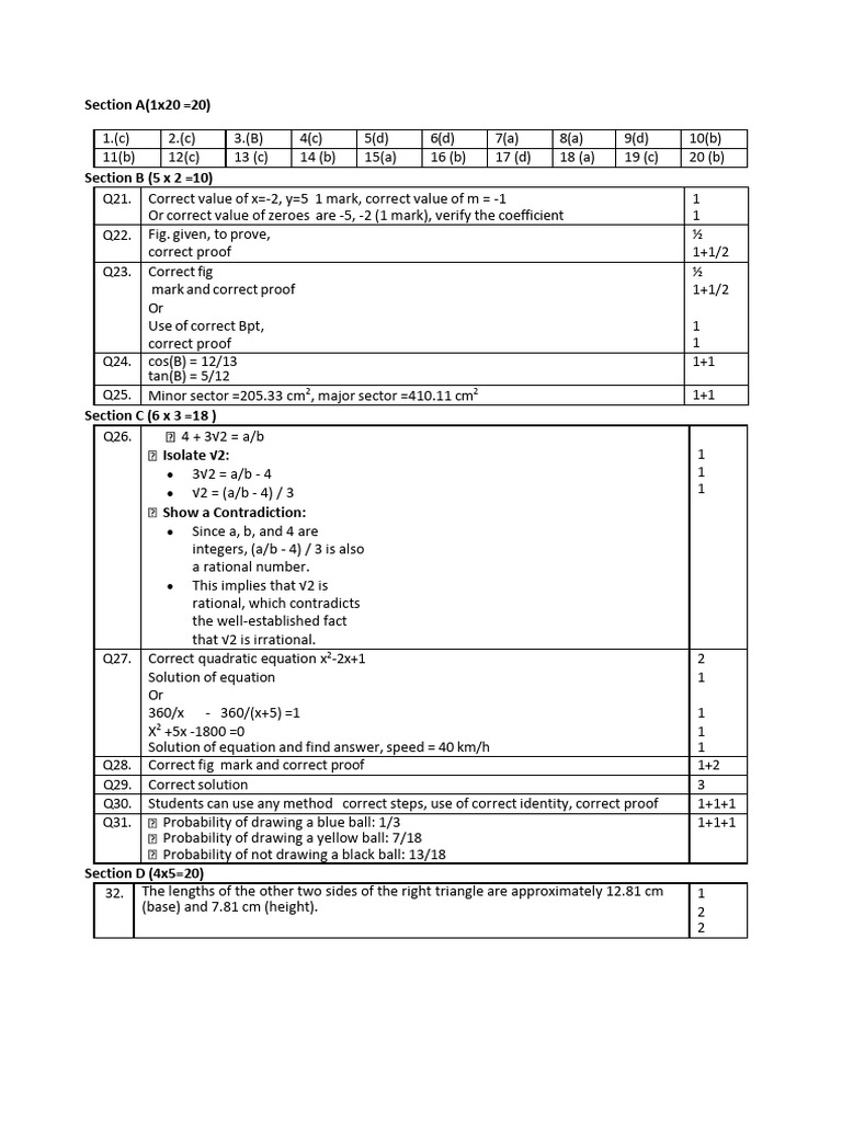 Cbse Class 10 Maths Pre Board Paper Answer Key | PDF | Volume ...