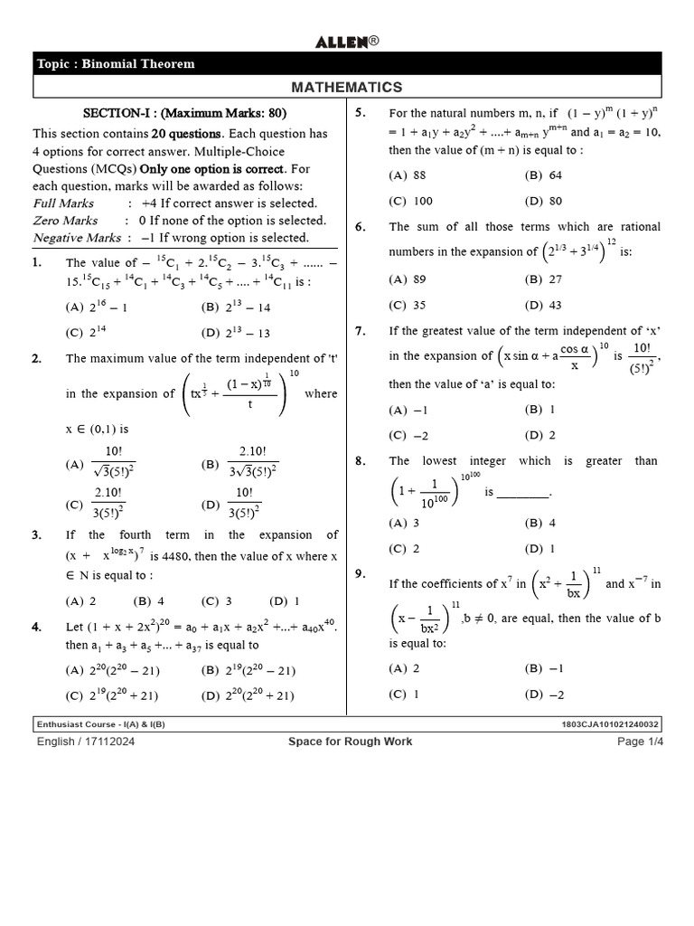 Binomial Theorem MCQ Exam Paper | PDF | Mathematical Analysis | Mathematics