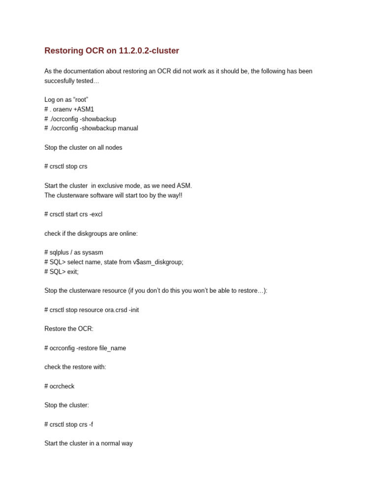 Restoring OCR On 11.2.0.2-Cluster Using Backup | PDF