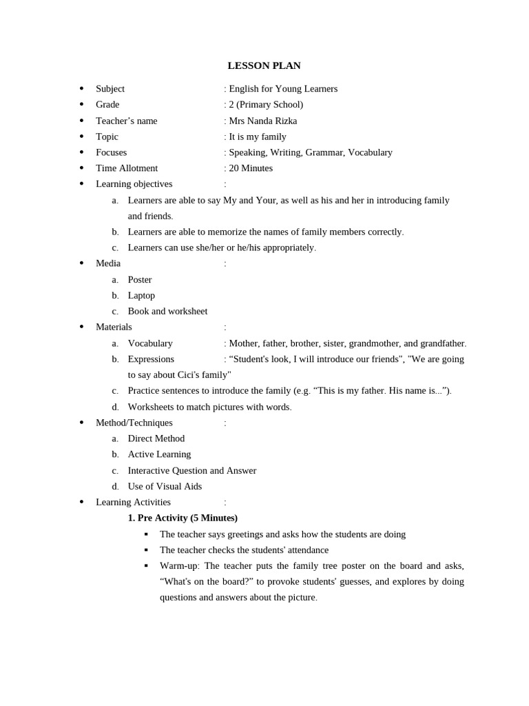 Family Vocabulary Lesson Plan for Grade 2 | PDF | Vocabulary | Lesson Plan
