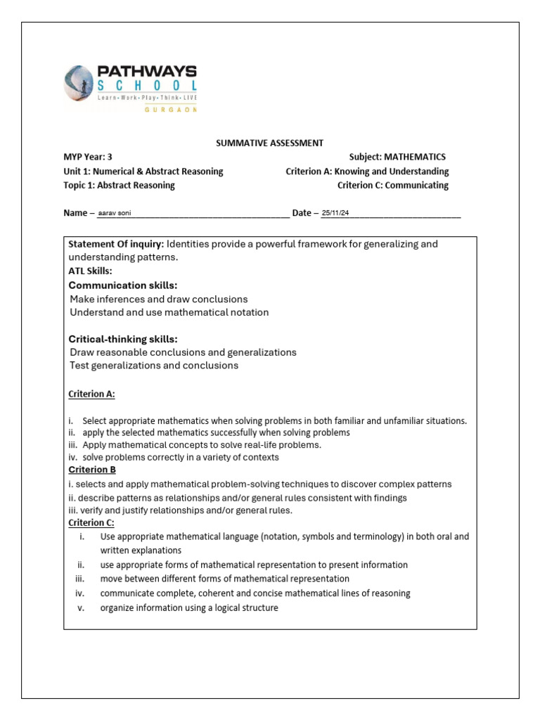 MYP 3 Mathematics Assessment Guide | PDF | Mathematics | Reason