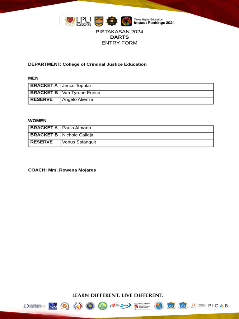 PISTAKASAN 2024 Darts Entry Form | PDF