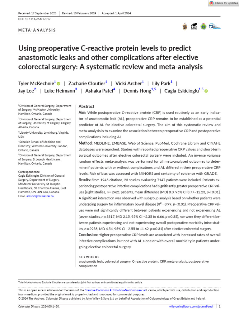 Colorectal Disease 2024 McKechnie Using preoperative CE280(00)