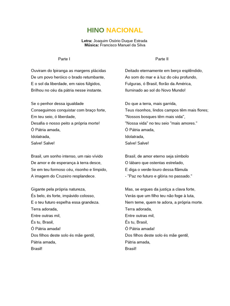 Letra do Hino Nacional Brasileiro | PDF