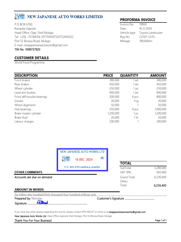 Japanese Auto Works Invoice - Dec 2024 | PDF | Cars Of Japan | Transport