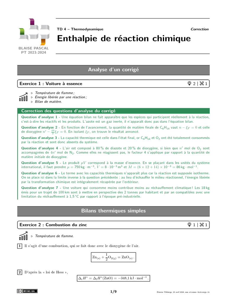 Enthalpie et impact carbone en chimie | PDF | La combustion | Réactions ...