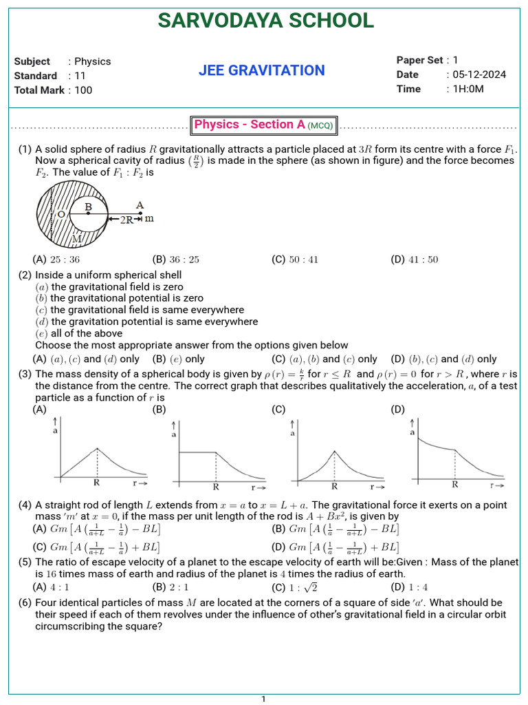 Class 11 Physics JEE Gravitation Paper | PDF | Mass | Force