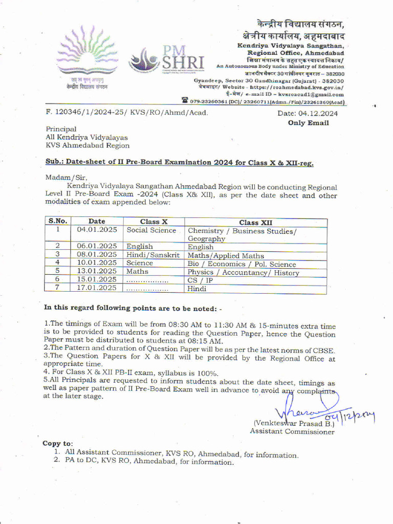 Date-Sheet of II Pre-Board Examination 2024 For Class X & XII | PDF
