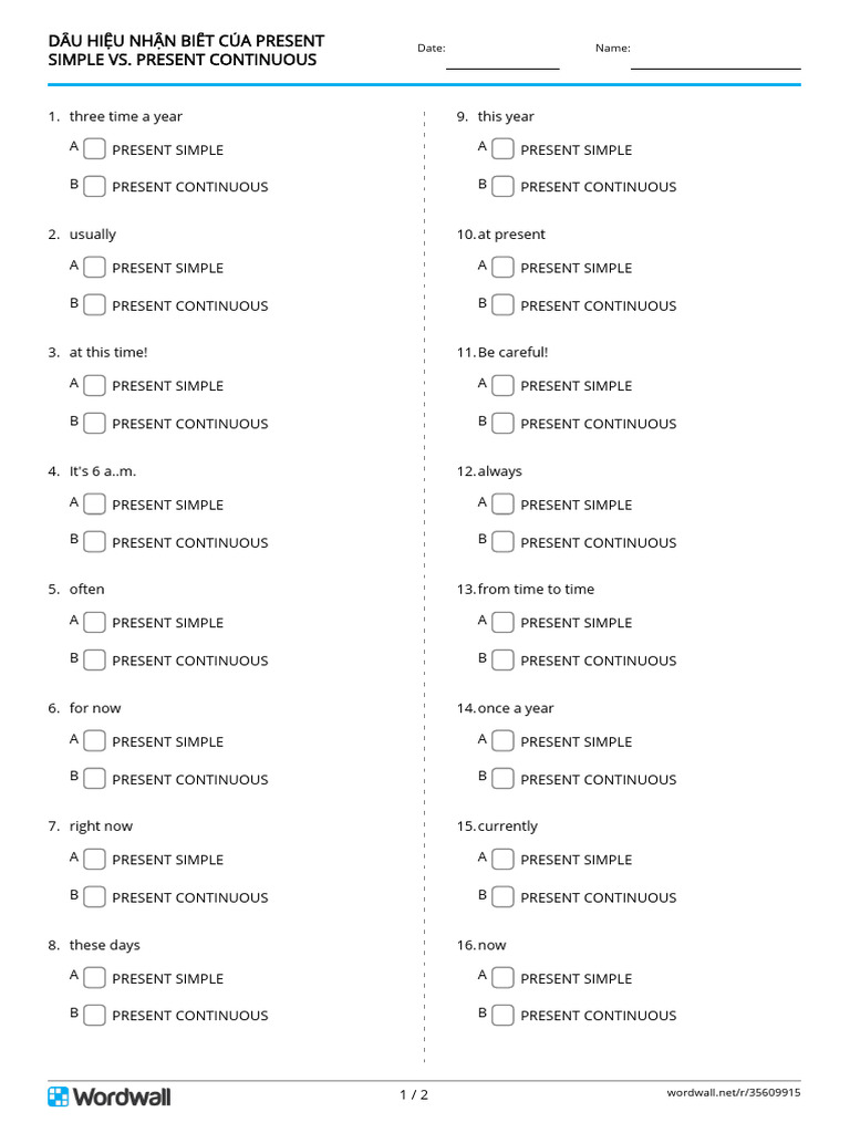 dấu hiệu nhận biết của present simple vs present continuous quiz | PDF